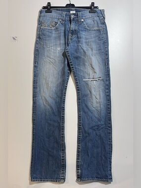 True Religion women’s Light-Blue Distressed Straight Jeans Sz 31x31